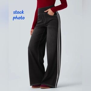 Halara- Wide-Leg Pants with White Stripes- Phantom Denim